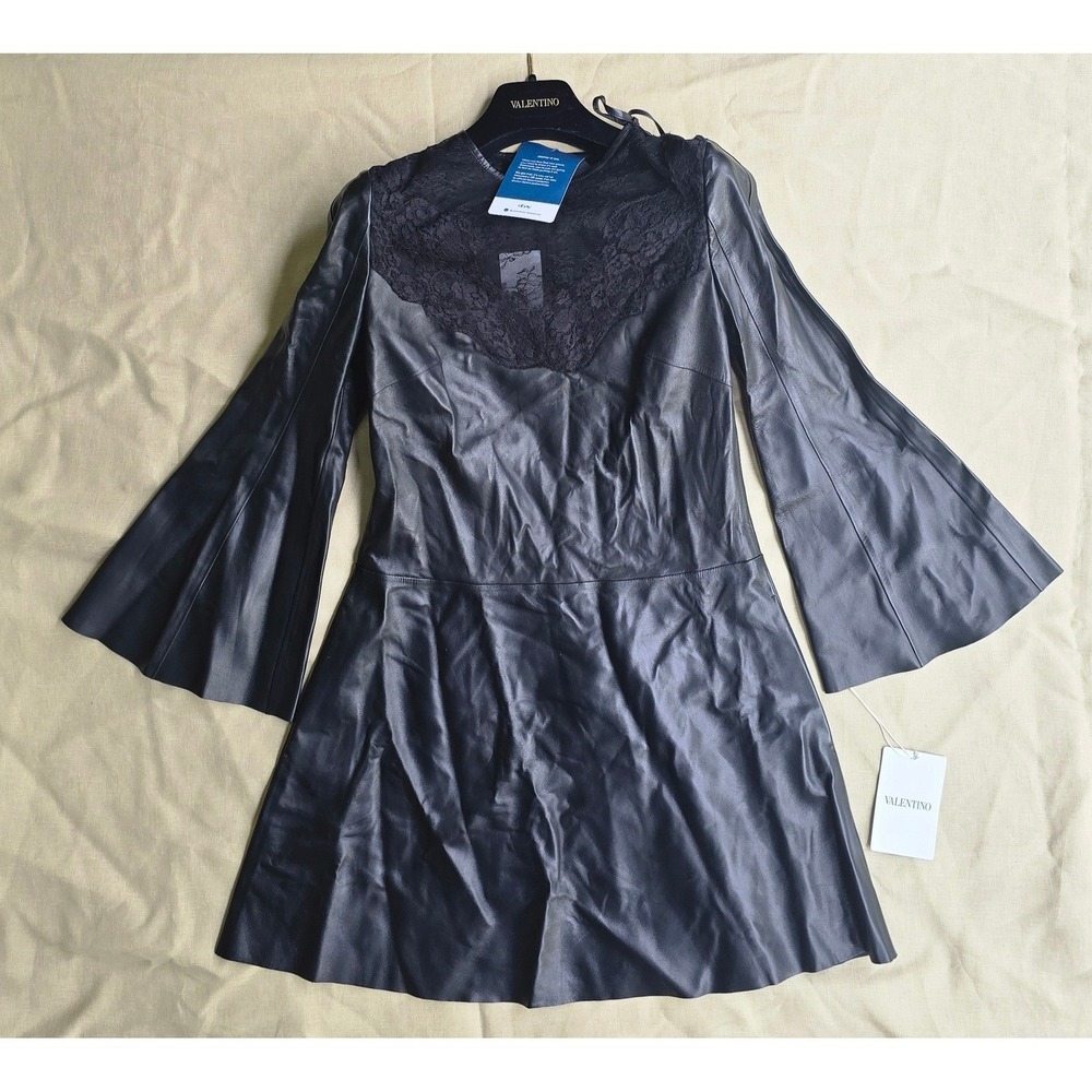 Valentino Black Leather Lace Inset Bell Sleeve Mini Dress TB3ND05N-1AW Size 36